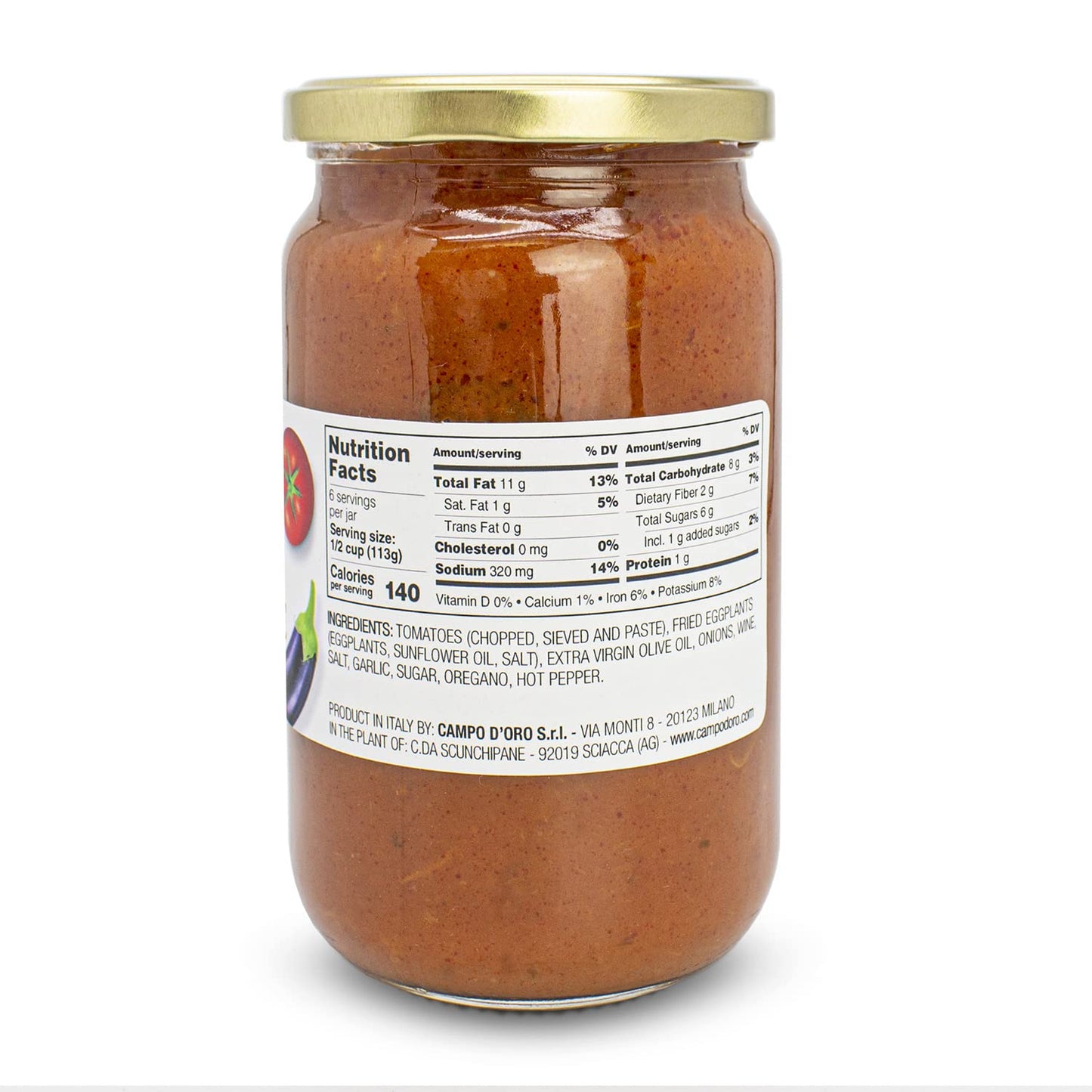 CAMPO DORO Italian Tomato Sauce with Eggplant, 100% Natural, 24oz Jar