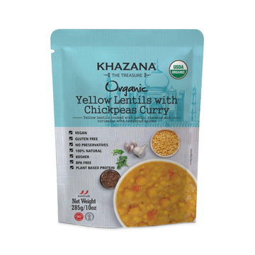 Khazana ORGANIC Yellow Lentils with Chickpeas Curry - Ready to Eat Indian Meals (Pack of 1, 10oz Pouches) | Non-GMO, Vegan, Glut