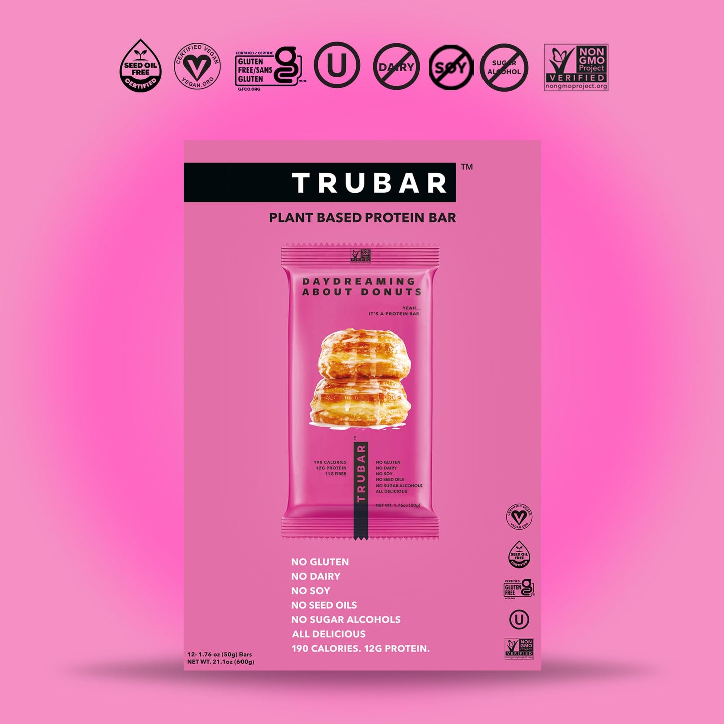 TRUWOMEN TRUBAR Plant Fueled Protein Bars Daydreaming About Donuts (12 count)  Non-gMO Vegan gluten Free Kosher Soy Free Dairy F