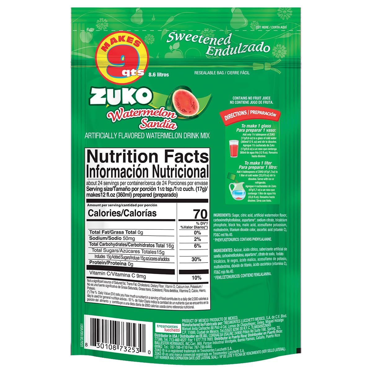 Zuko Watermelon Instant Powder Drink Family Pack, 14.1 Oz, Pack Of 6