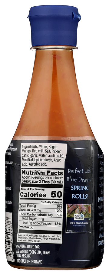 Blue Dragon Thai Mango Sweet Chili Sauce, 10.5 Oz (Pack Of 1), Dipping Sauce, Marinade, Squeezy Bottle, Gluten Free, Vegan