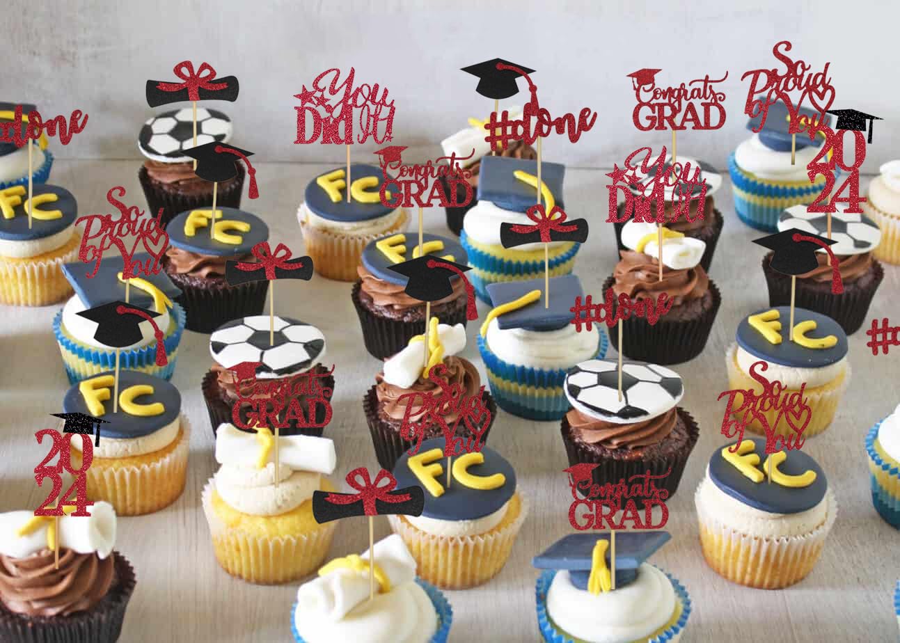 Graduation Cupcake Toppers 2024 Red, Glitter Class Of 2024 Cupcake Toppers Supplies, Class Of 2024 Congrats Grad Cap Diploma Cup