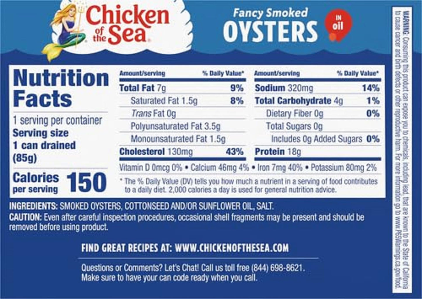 Chicken of the Sea Smoked Oyster in Oil, 3.75 oz, 18 Cans per Case, Model 4800000066
