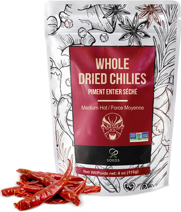 Soeos Whole Dried Chili Peppers, Medium Spicy, 4oz, Great for Mexican Recipes