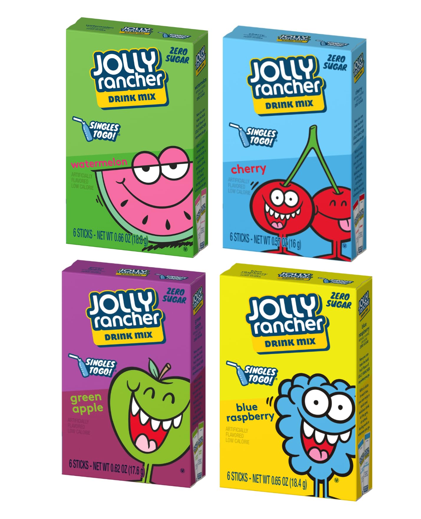 Jolly Rancher Singles to Go Drink Mix Variety 4 Pack - Green Apple, Watermelon, Blue Raspberry and Cherry
