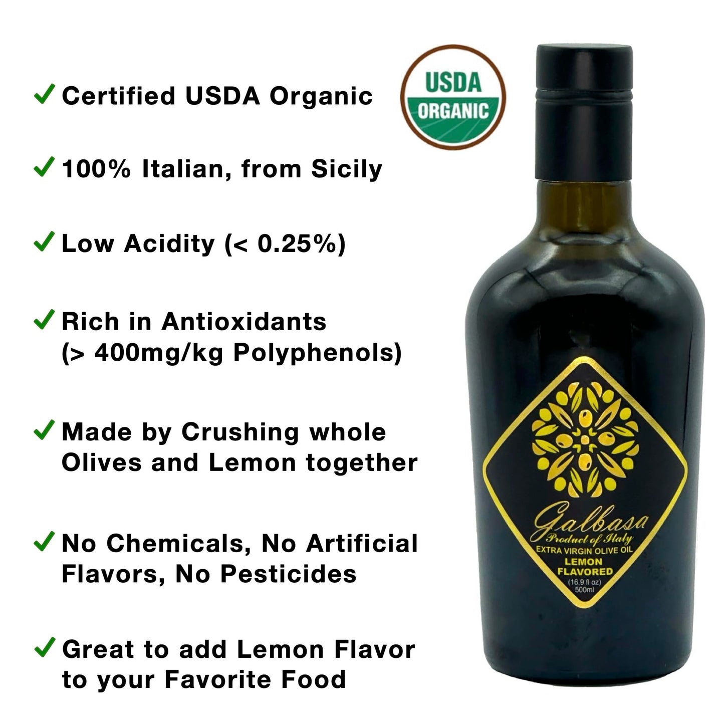 GALBASA Organic Lemon Oil - First Cold Pressed Extra Virgin Olive Oil - 16.9 Fl Oz - Green - No Pesticides, Polyphenol Rich
