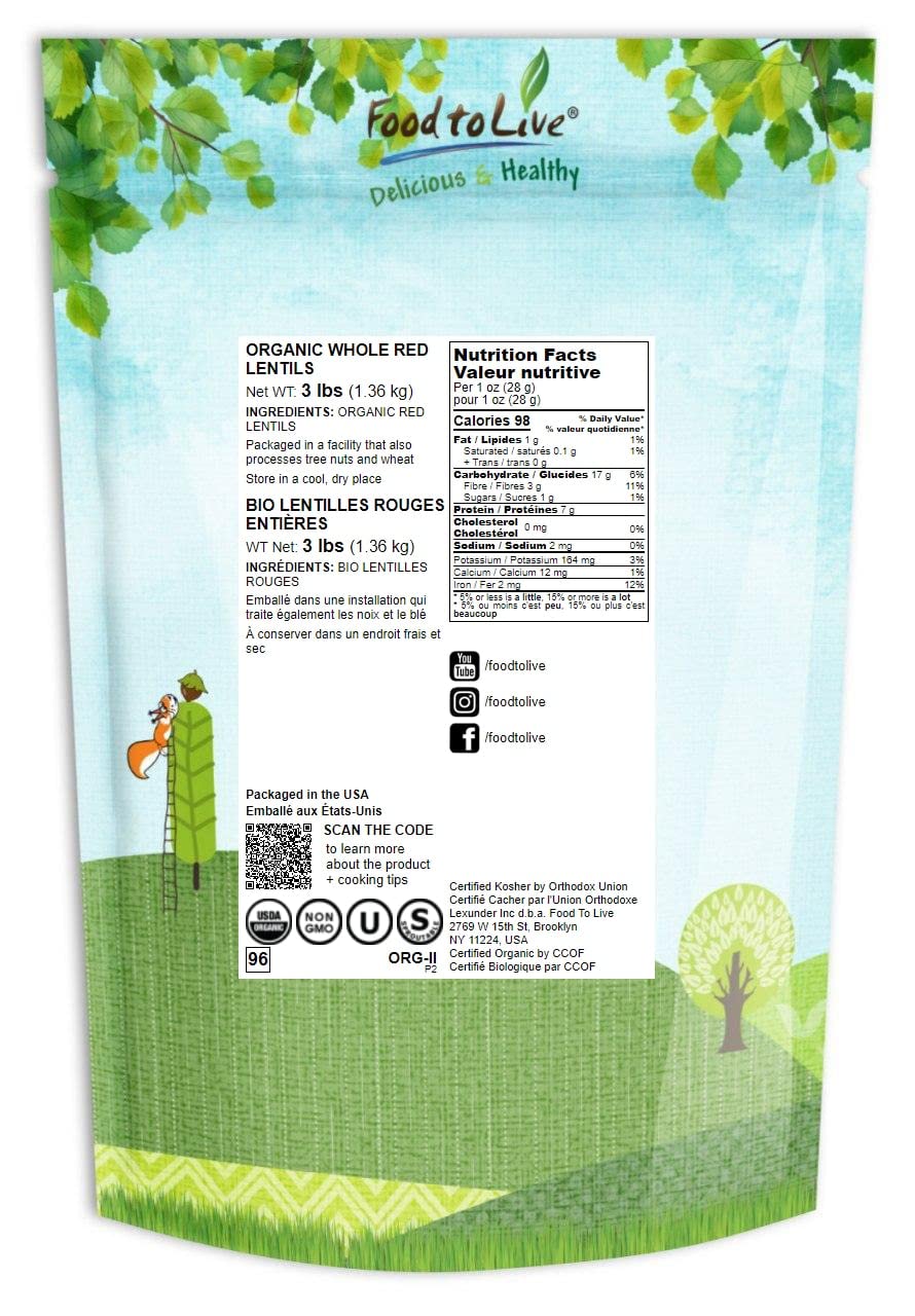 Food to Live Organic Whole Red Lentils, 3 Pounds Non-GMO, Dry Raw Lentils, Sproutable, Vegan, Kosher, Bulk. Easy to Cook. Good S