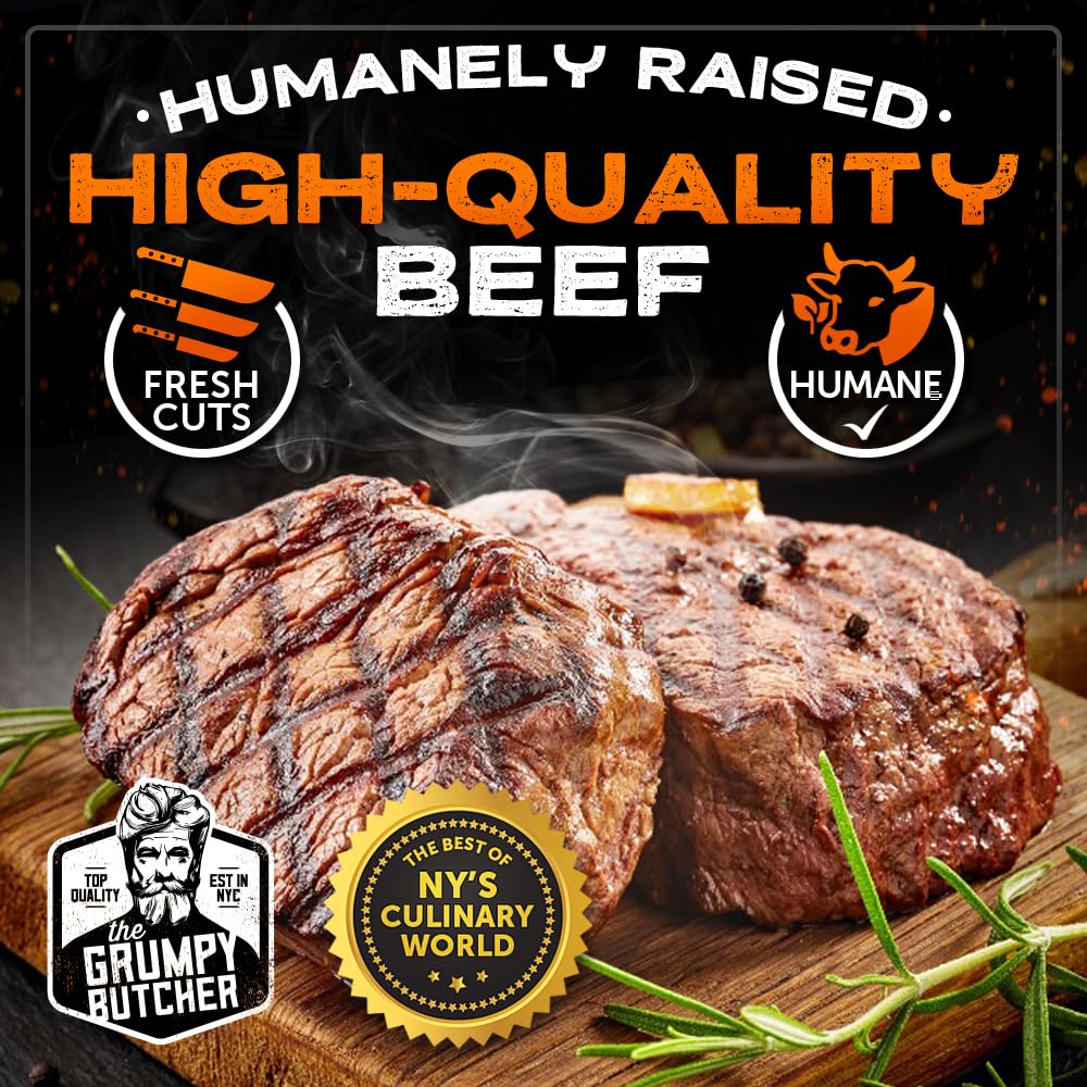 Grumpy Butcher 2-Steak Sampler Gift Basket For Men – 1 Ribeye Steak (14 Oz) & 1 Top Sirloin (6 Oz) – Gourmet Steakhouse Gift, Elegantly Packaged