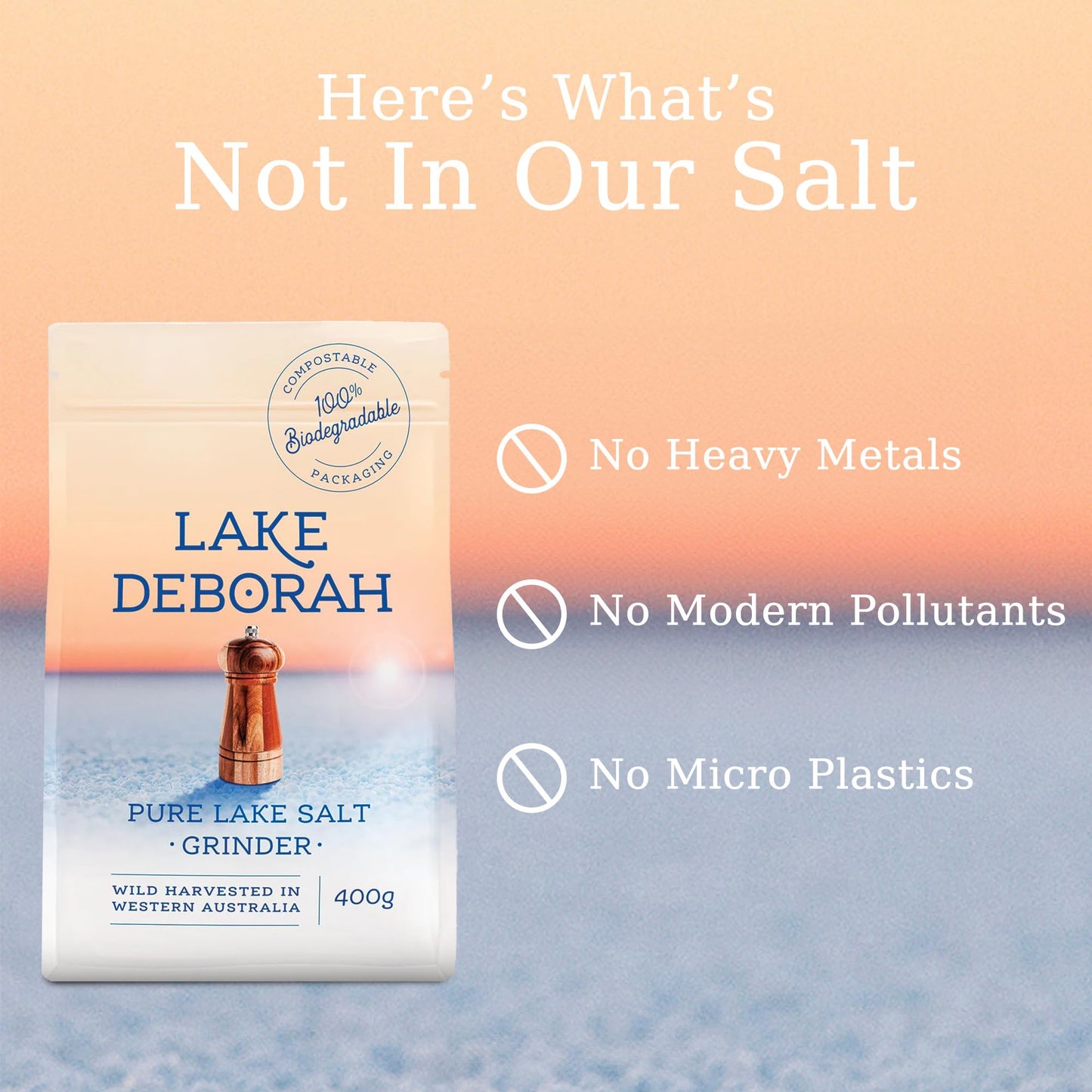 Pure Mineral Grinder Salt From Lake Deborah, Australia - Wild Harvested Lake Salt - 100% Natural, Microplastics, Heavy Metals And Pollutant-Free, Perfect For Cooking And Baking - 400G