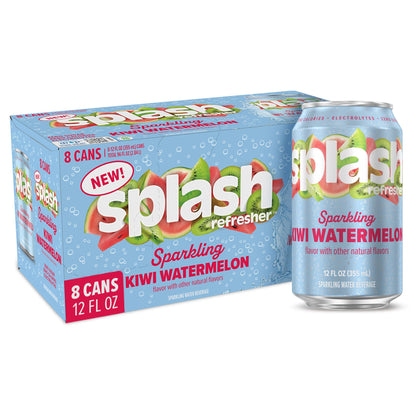 Splash Refresher Sparkling Water, Kiwi Watermelon - 8-Pack, 12 Fl Oz Cans - Flavored Carbonated Seltzer Water with Electrolytes,