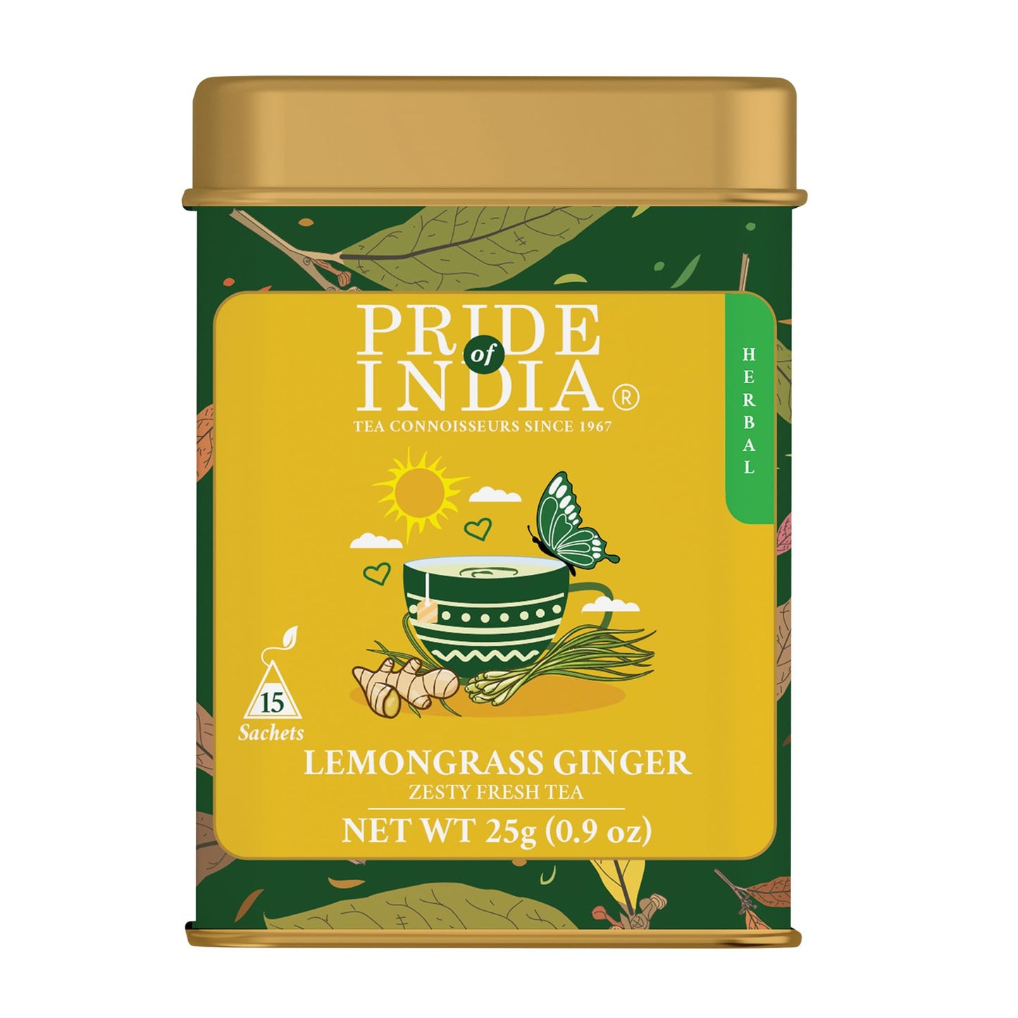 Pride Of India | Lemongrass Ginger Zesty Fresh Tea | 15 Pyramid Full Leaf Individually Wrapped Tea Bags | 100% Herbal Blend From Single Origin | Tangy & Spicy Flavor | Caffeine-Free