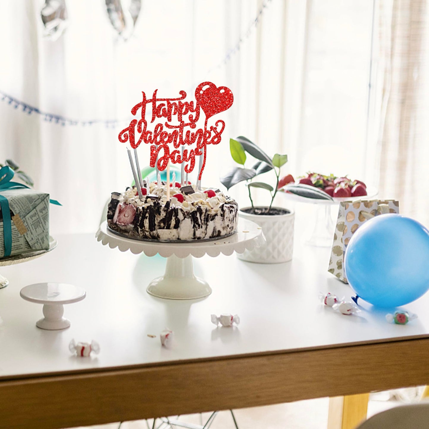 Rssta i Happy Valentines Day Cake Topper, Glitter Heart Cake Pick, Red, Paper Material, Wedding Party Decorations