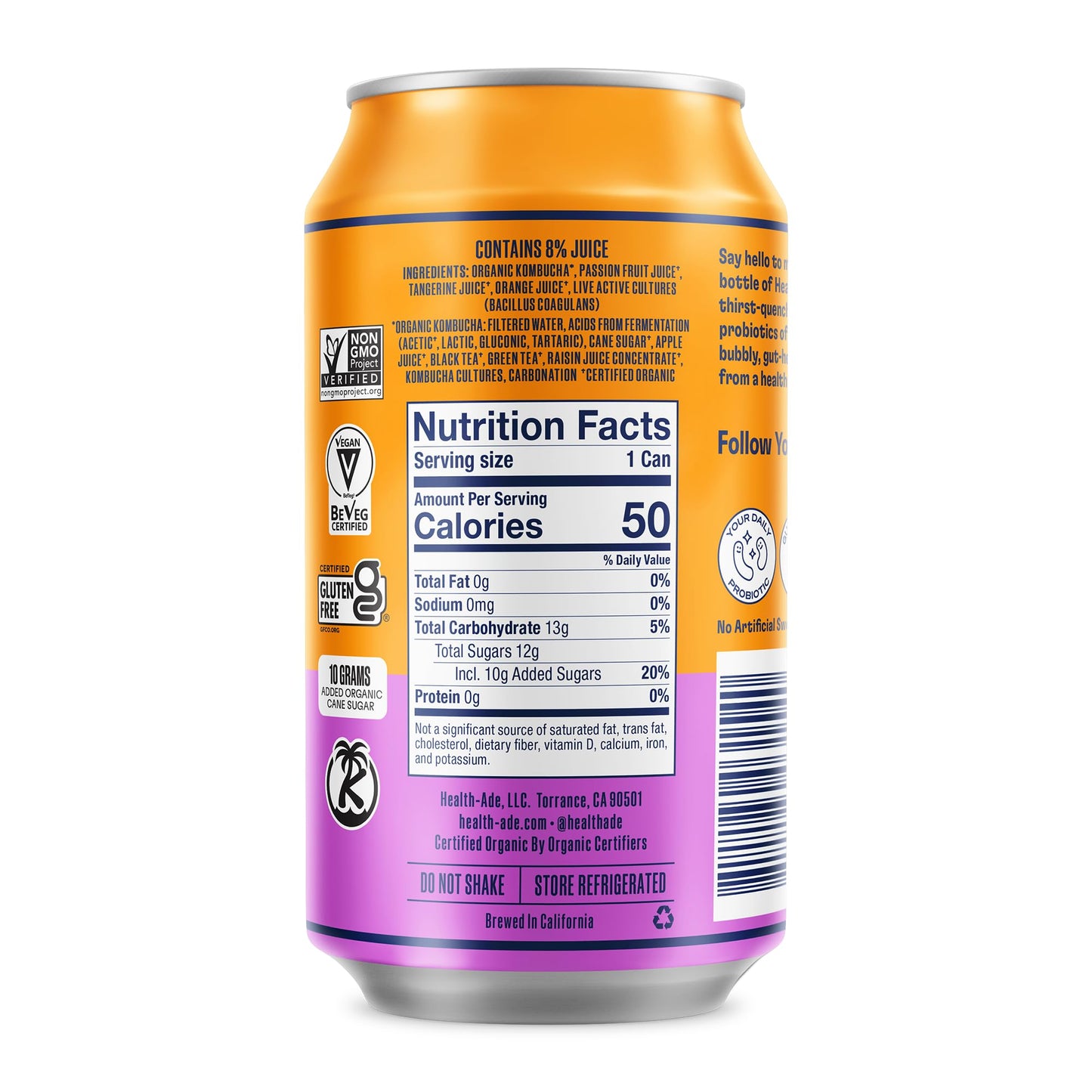 Health-Ade Passion Fruit-Tangerine Kombucha, Organic Drink, 12-Pack (11.5 Fl Oz Cans) - Fermented Tea With Probiotics, Non-Gmo,