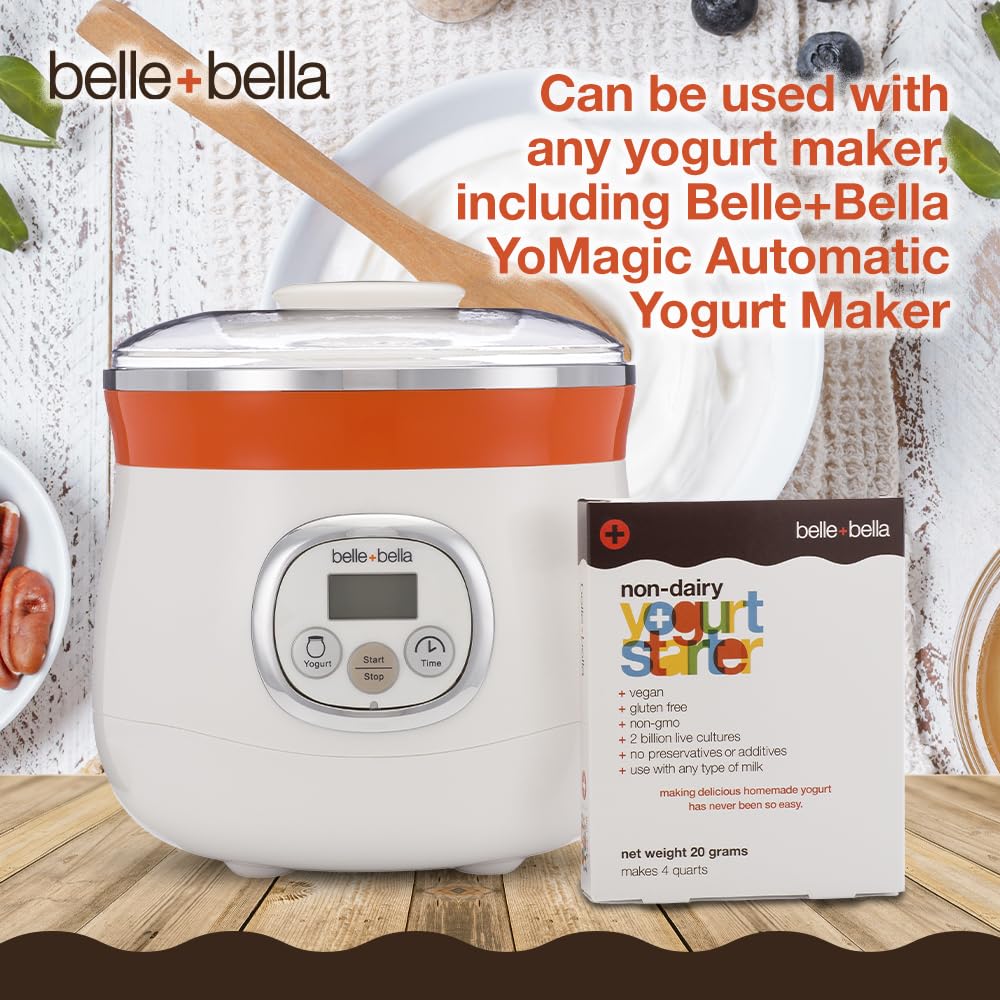 Belle + Bella Non-Dairy Vegan Yogurt Starter - Gluten Free, No Added Sugar, Non Gmo - Makes 4 Quarts Vegan Yogurt - 2 Billion Live Cultures - Mix With Any Dairy Free Or Dairy Milk - 1 Box
