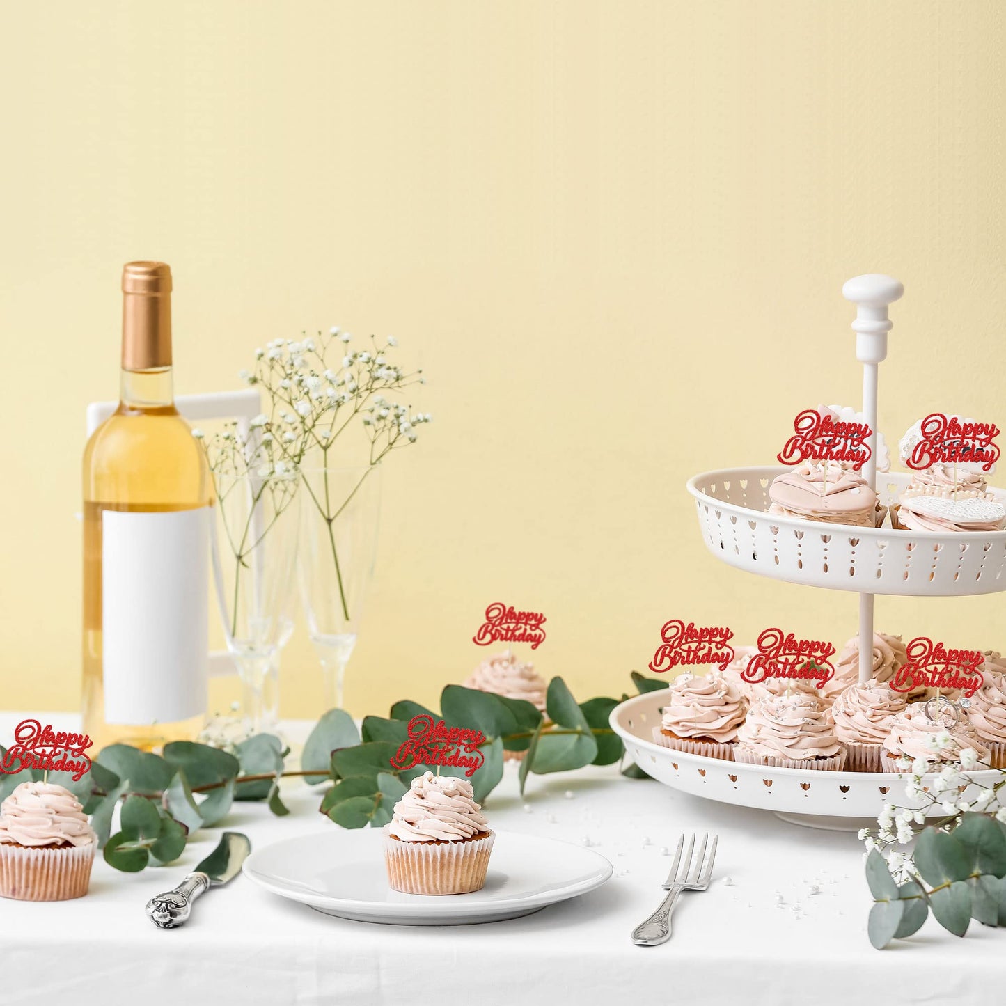 24Pcs Happy Birthday Cupcake Toppers Red Glitter Birthday Cupcake Food Picks For Celebrating Happy Birthday Party Cake Decoratio