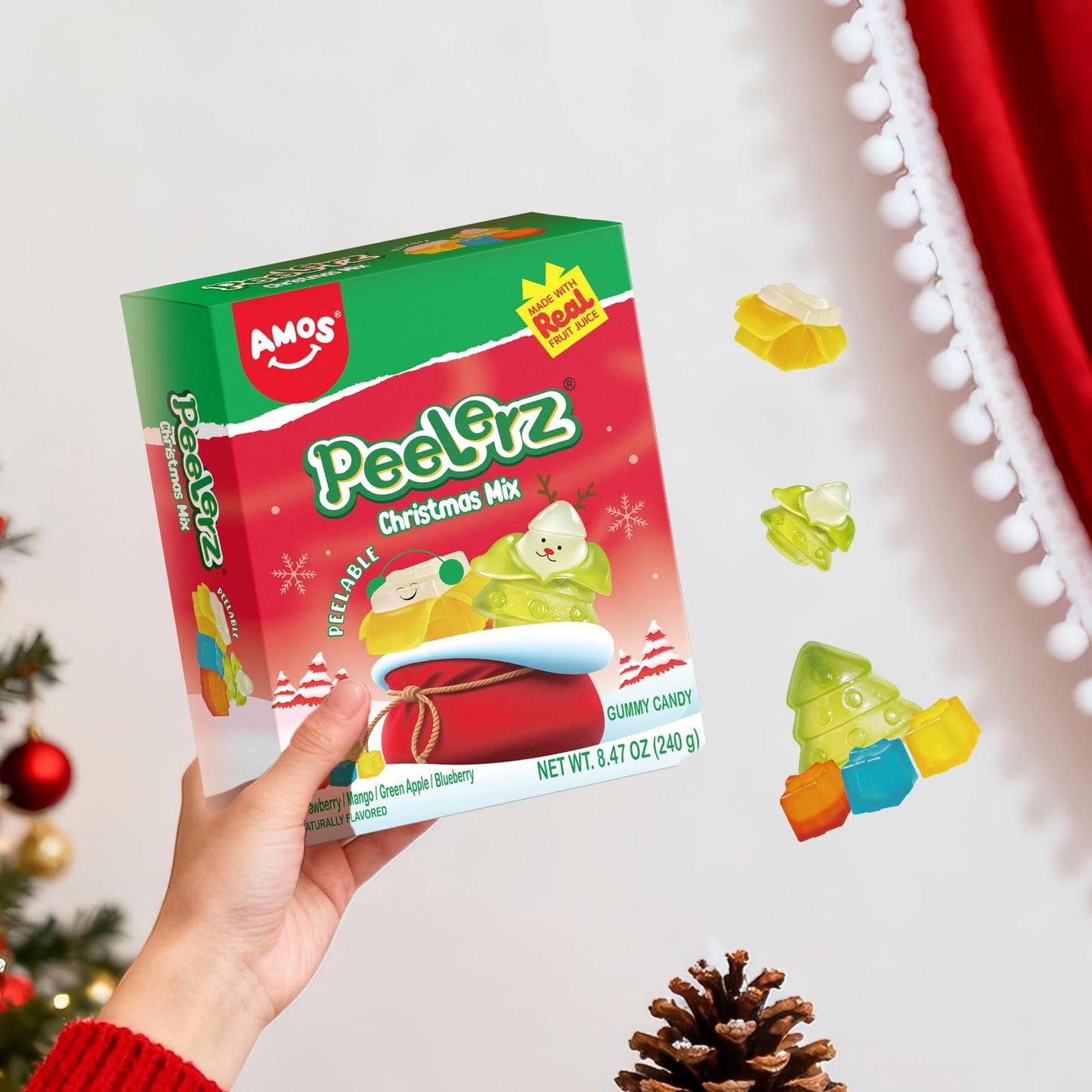 AMOS Peelerz Christmas Mix Peelable Gummy Candy 8.47oz (240g), Holiday Fruit Gummies Made with Real Fruit Juice, Fun Stocking St