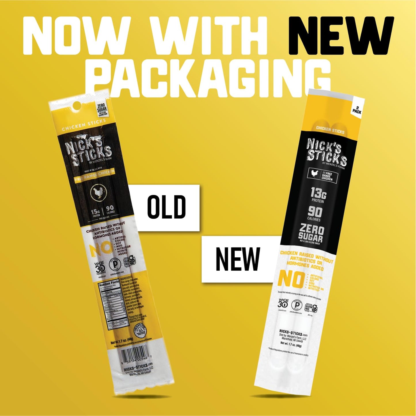 Nicks Sticks Free Range Clean & Balanced Chicken Snack Sticks | Made in the USA | Gluten Free | Paleo, Keto, Whole30 Approved |