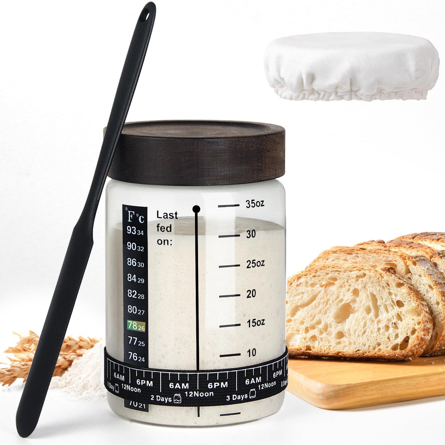 77L Sourdough Starter Jar Kit with Date Marker, Thermometer, Food-Grade Scraper, Cloth Cover, Acacia Wood Lid, 35 oz, Transparent
