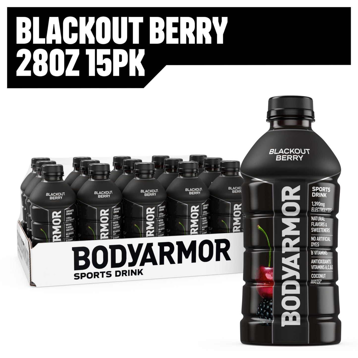 BODYprotective covering Sports Drink  Blackout Berry  Electrolyte Drink Hydration  28 Fl Oz Bottles (15 Pack)  Flavored Coconut Water with B Vitamins & Antioxidants