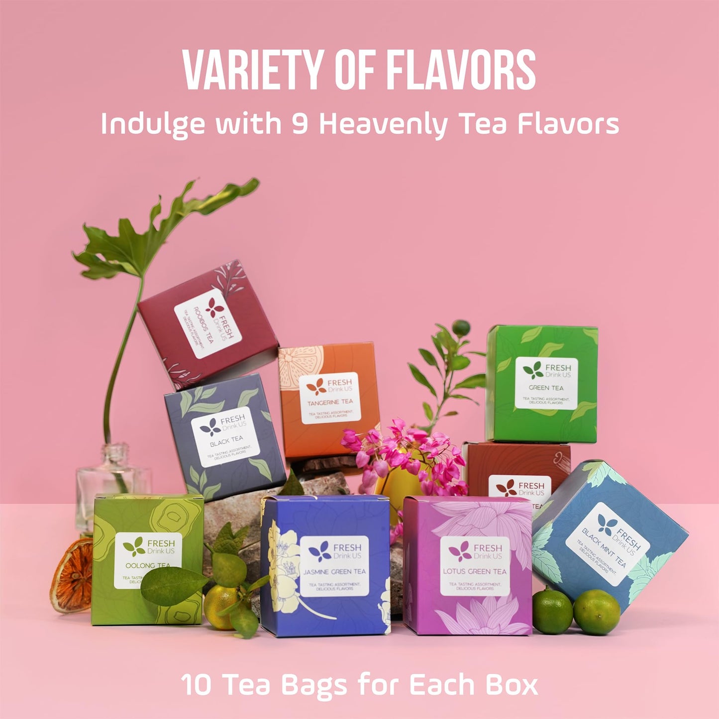 Freshdrinkus, Premium 90 Tea Bags Sampler Assortment, 9 Different Flavors, 100% Natural Ingredients, Perfect And Well Combinatio