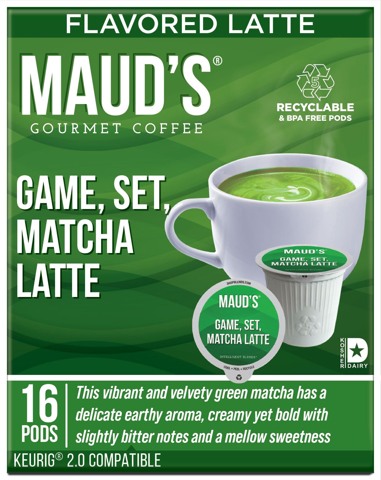 MAUDS Matcha Latte Pods, Recyclable Single Serve Tea Pods, Compatible with Keurig K Cups, 16 Count