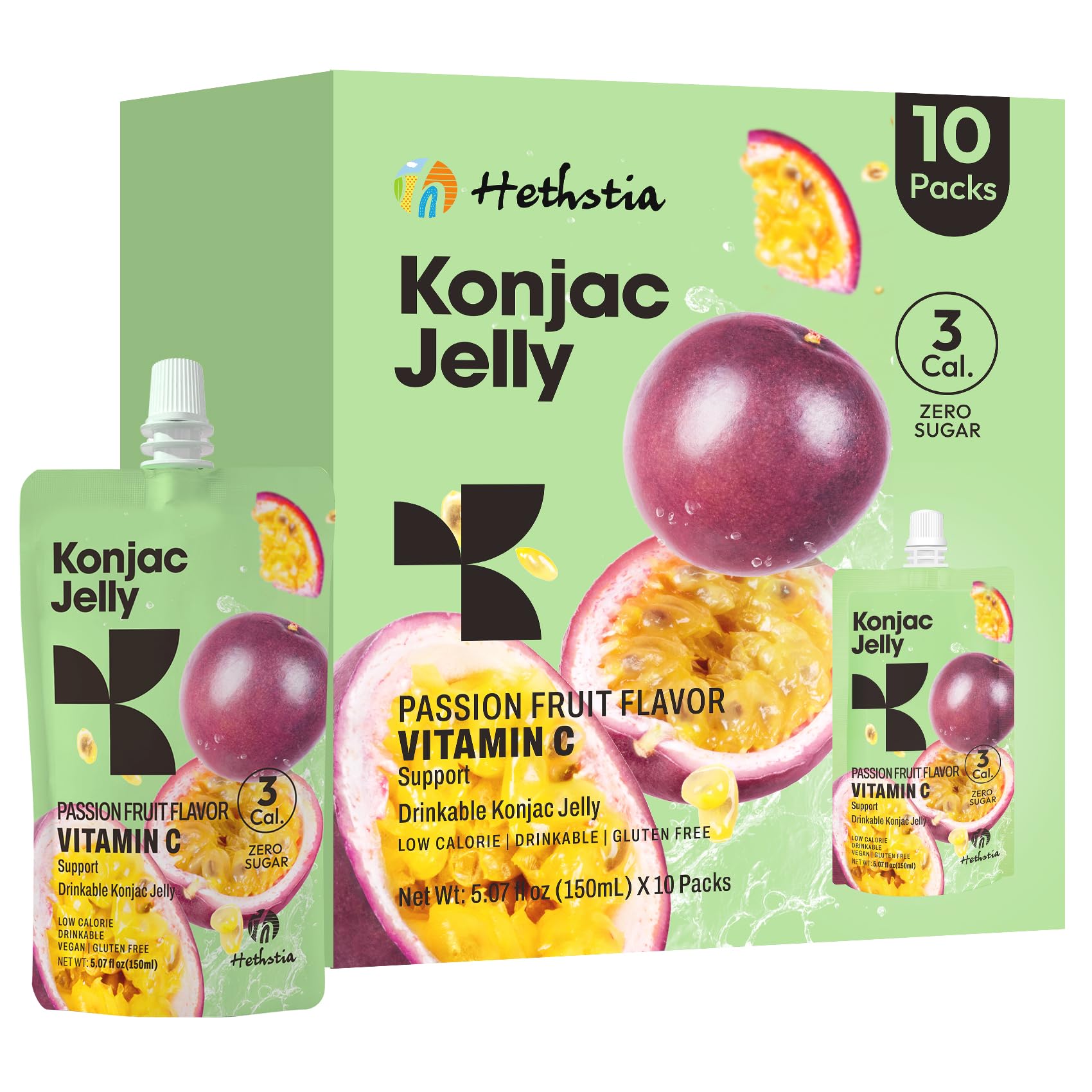 Hethstia Konjac Jelly Passion Fruit, 10 Pouches Sweet Fruit Drinkable Jello, 3 Calories, Sugar Free, Vitamin C, Keto, Vegan, Glu