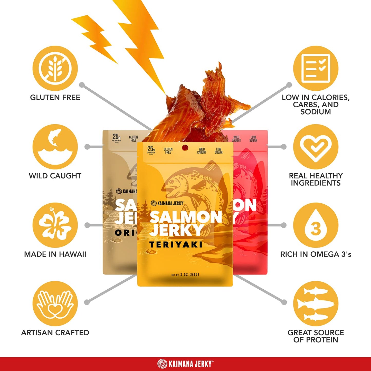 Kaimana Jerky Wild Caught Salmon Jerky - Organic Dried Fish Strips, Low-Calorie Seafood Snack - 2 Ounce (Pack of 3)