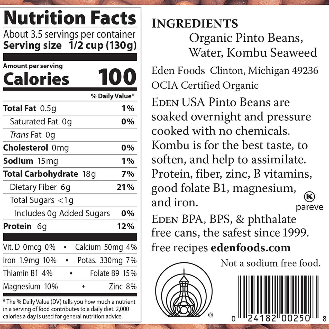 Eden Organic Pinto Beans, 15 oz Can, No Salt, Non-GMO, Gluten Free, Vegan, Kosher, U.S. Grown, Heat and Serve, Macrobiotic, Frij