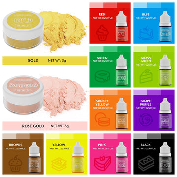 Luster Dust 2 Color & Food Dye Coloring 10 Color Set, Edible Food Coloring Liquid And Shimmer Cake Dust Metallic Food Coloring P