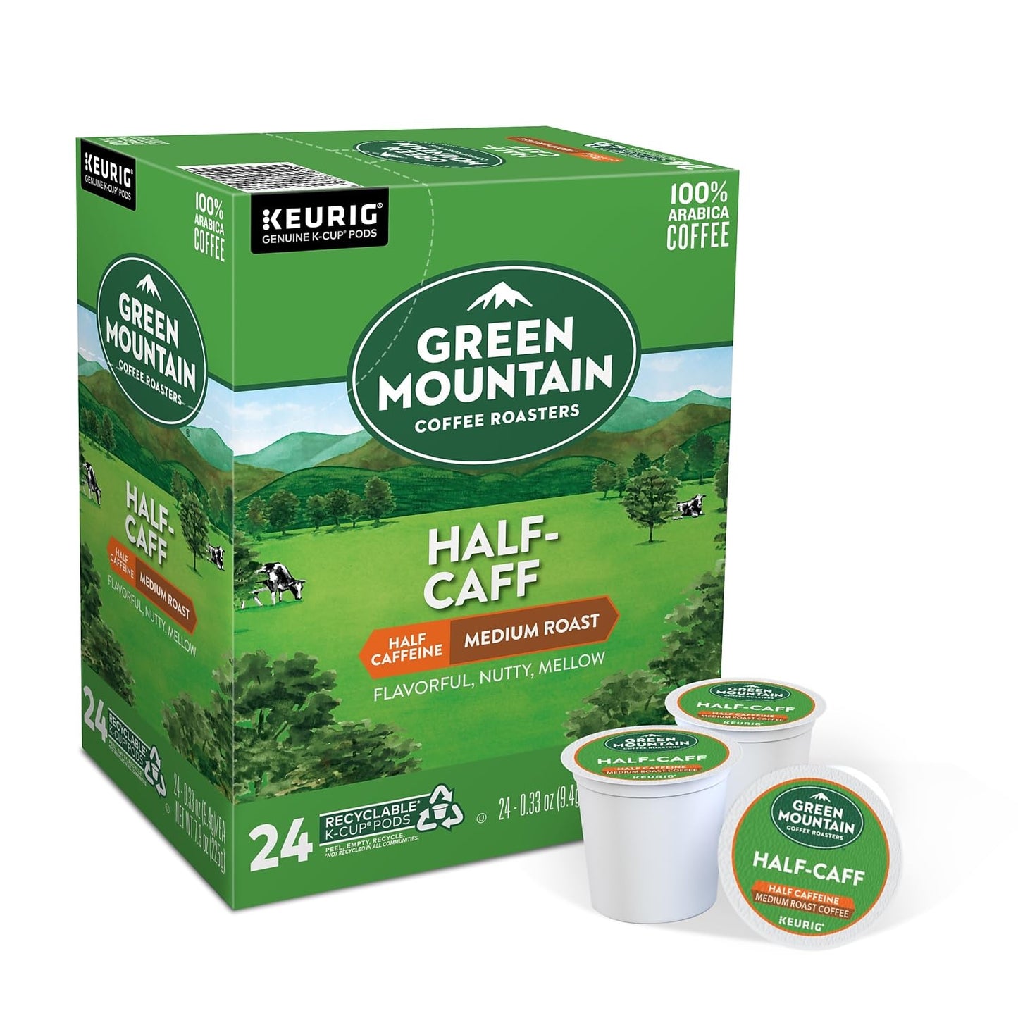 Green Mountain Coffee Roasters Half Caff K-Cup Pods, Medium Roast, 24 Count