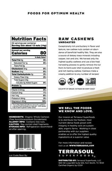 Terrasoul Superfoods Organic Raw Cashews - 16 Oz - Premium Quality for Snacking, Baking, and Culinary Creations