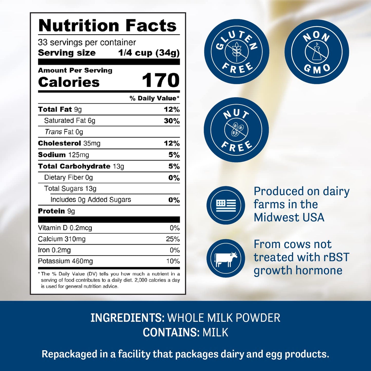 Judees Gluten Free Whole Milk Powder - Non-GMO, Gluten & Nut-Free - 40 Ounce