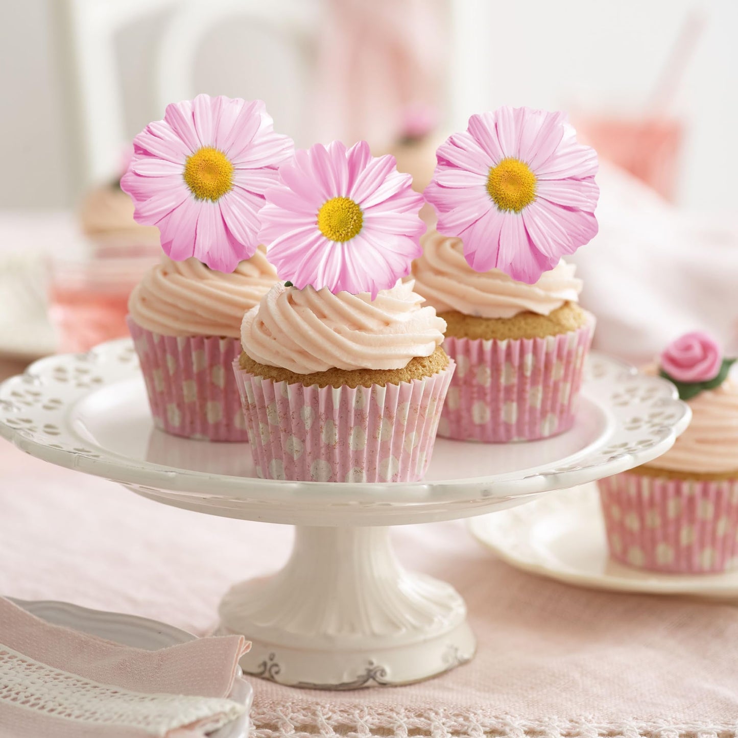 Foowztao Edible Daisy Cupcake Toppers - 60 Pcs Wafer Paper Flower Decorations for Birthday & Wedding, Pink
