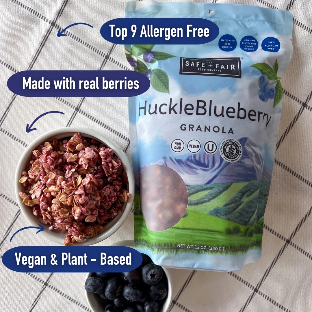 Safe + Fair Huckleblueberry Granola - Gluten-Free, Dairy-Free & Vegan Breakfast, Snack Or Dessert - Allergen-Free, Non-Gmo, And