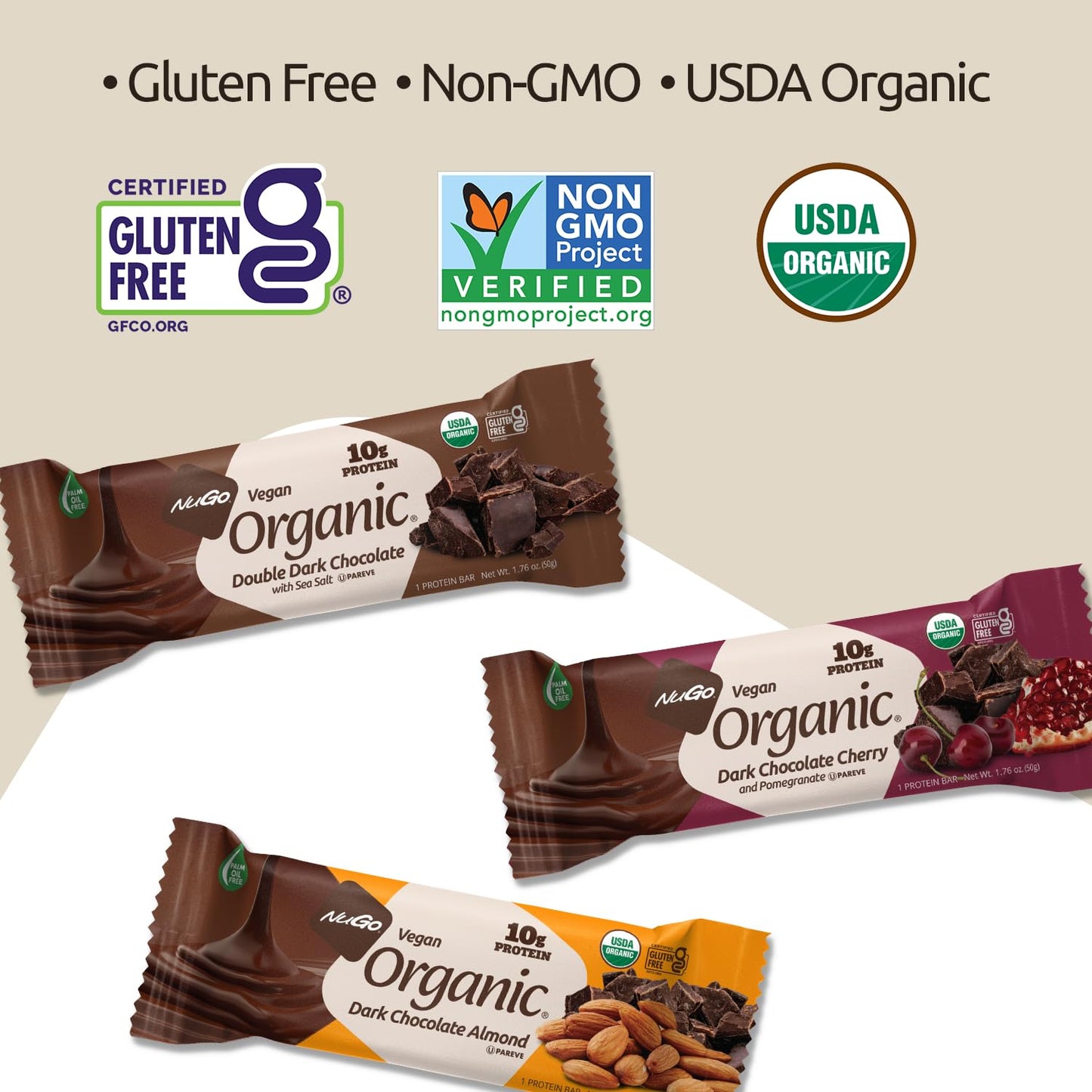 Nugo Organic Double Dark Chocolate, 10g Vegan Protein, Gluten Free, 24 count