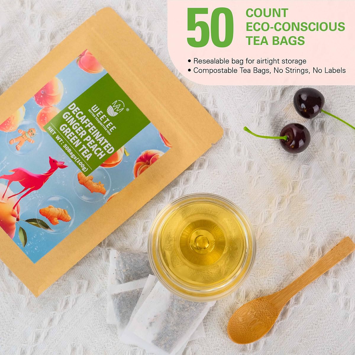 WT WEETEE Decaf Ginger Peach Green Tea Bags, 50 Count, Natural Flavor, Ideal for Iced Tea