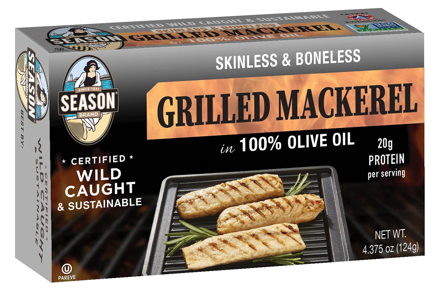Season Grilled Mackerel In Olive Oil - Skinless & Boneless Mackerel Fillets, Wild Caught, Keto Snacks, Full Of Vitamins, Low In Mercury, Kosher, Non-Gmo, 20G Of Protein - 4.37 Oz, 12-Pack