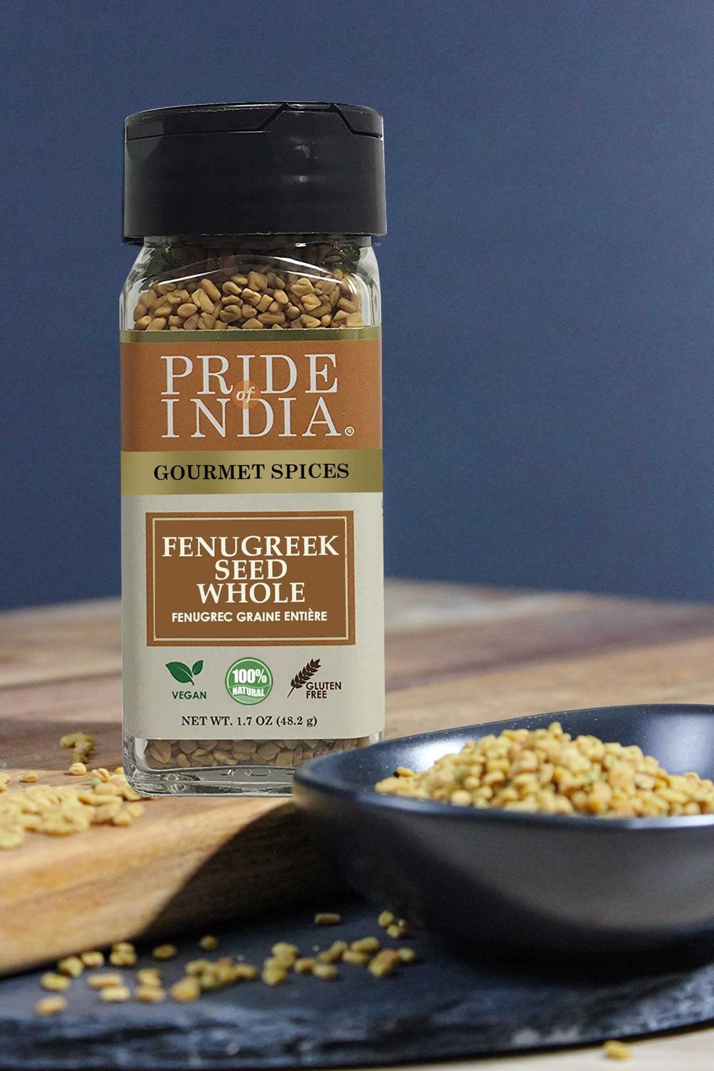 Pride Of India - Natural Fenugreek Seed Whole, 1.7 Oz (48 Gm) Dual Sifting Jar, Authentic Indian Whole Methi Seeds, Gluten & Gmo