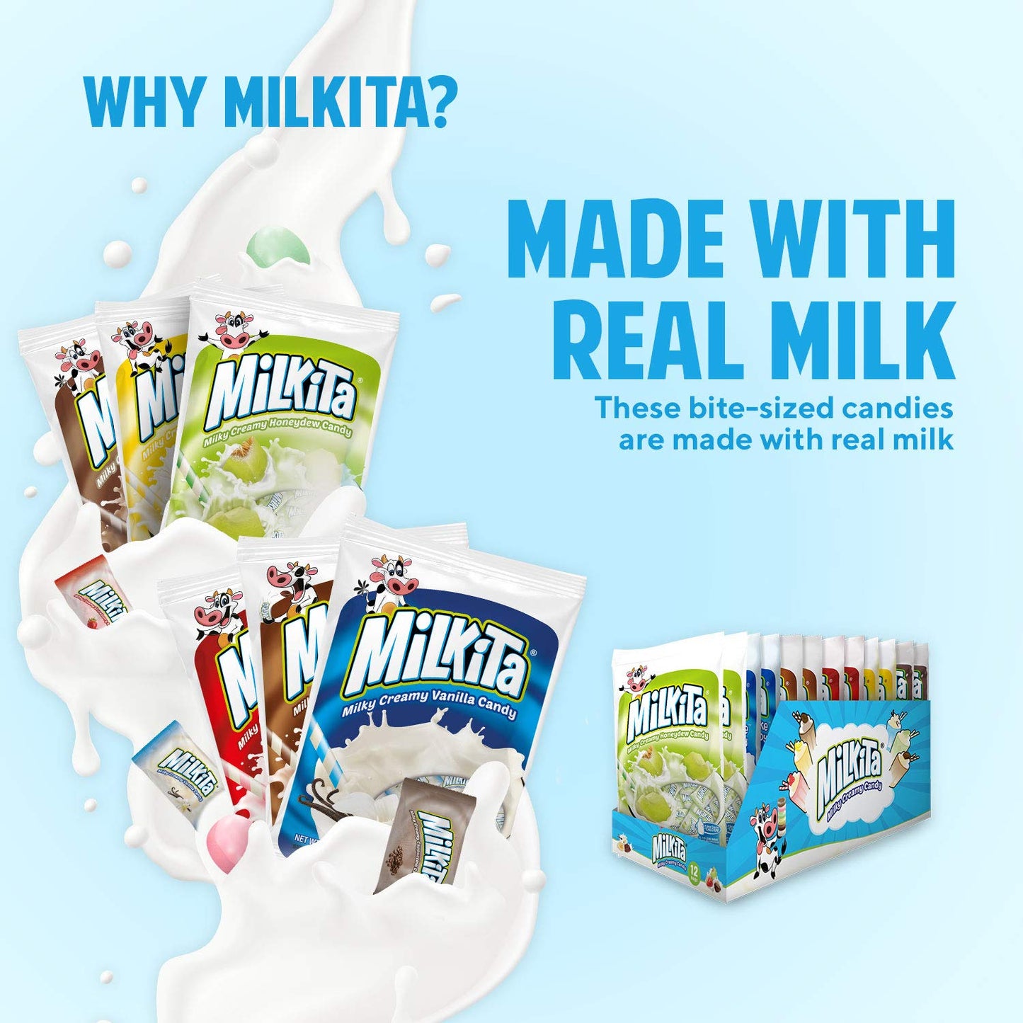 Milkita Creamy Shake Candy Pack Of 12, Gluten Free Chewy Candies With Calcium & Real Milk, Zero Trans Fat, Low-Sugar, Assorted Flavors (Vanilla, Strawberry, Chocolate, Cappuccino, Honeydew, Banana), 360 Pcs