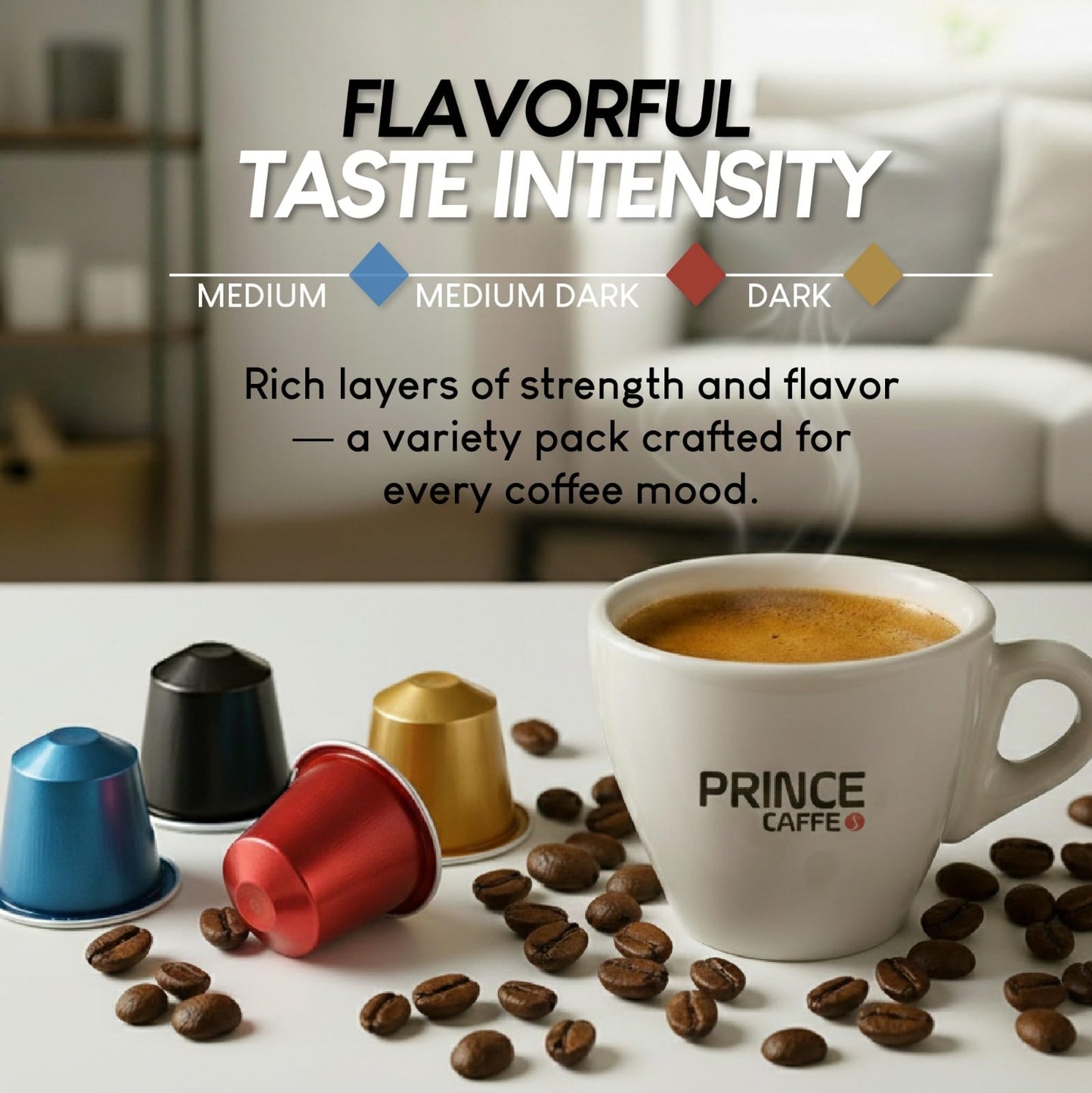 Prince Caffe Espresso Pods Variety Pack Compatible with Nespresso Original Line Machines - Espresso  Ristretto  Millennium & enhanced - Intensity7  8  9  10  40 Count (4 x 10 Capsules)