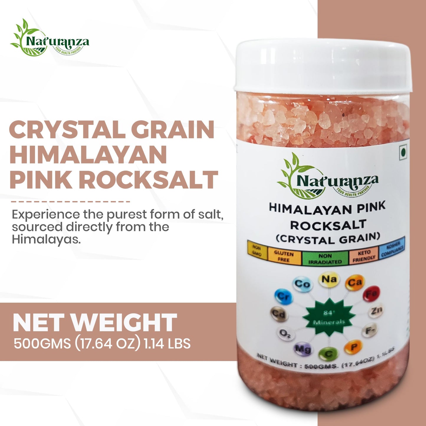 Naturanza Himalayan Pink Rock Salt Crystal Grain, 17.64 OZ, Organic, Non-GMO, Gluten-Free, Kosher