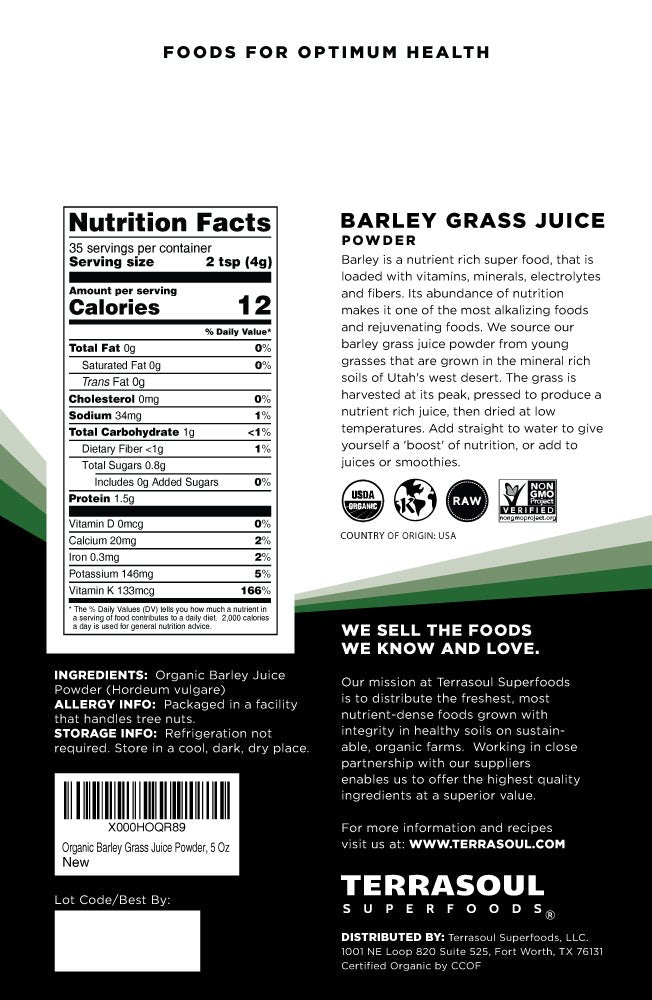 Terrasoul Superfoods Organic Barley Grass Juice Powder, 5 Oz - USA Grown | Made From Concentrated Juice | Superior to Barley Gra
