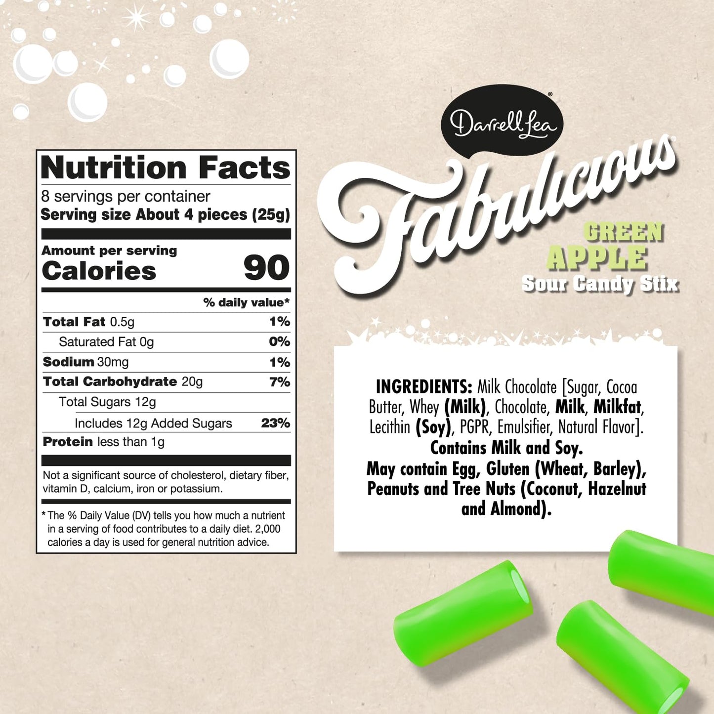 Darrell Lea Fabulicious Green Apple Sour Candy Stix, 7 Ounce (Pack Of 1) | Soft And Tangy, No Artificial Flavors, Palm Oil Free,