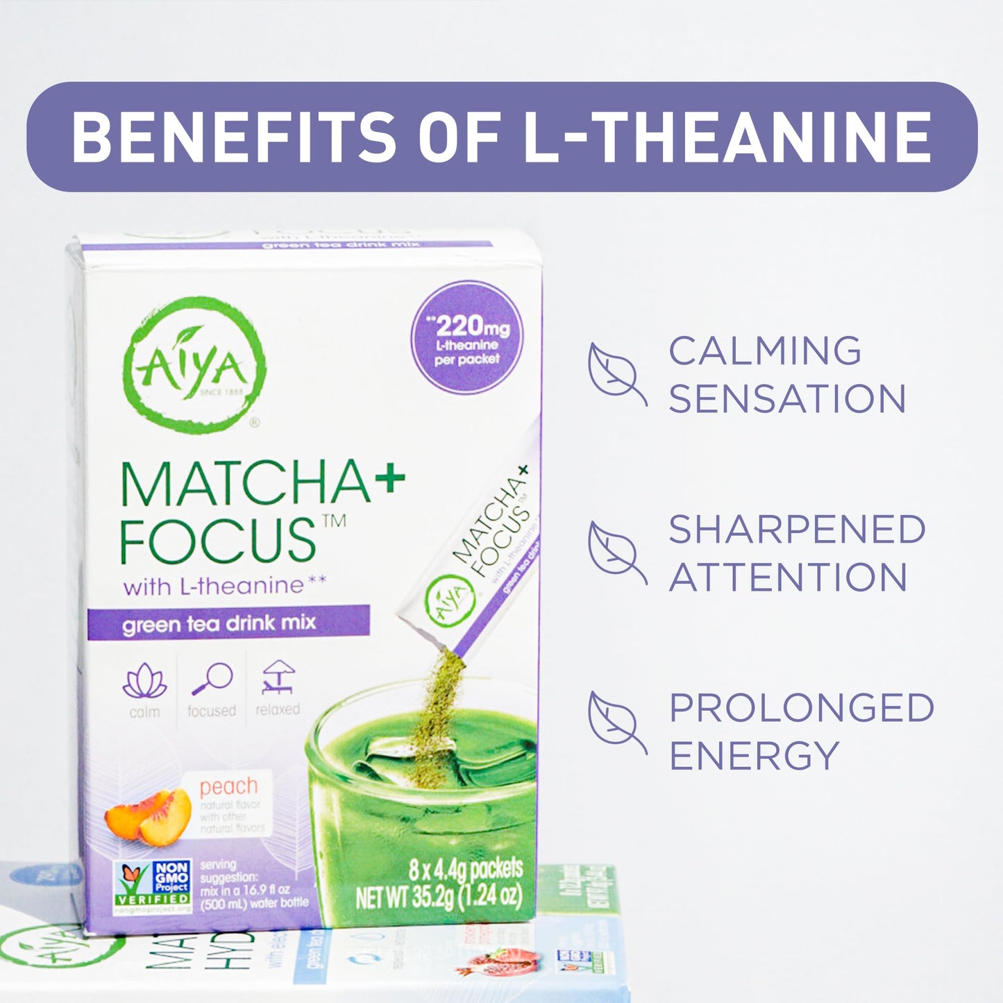 Aiya Matcha+ Focus - Peach Flavored Matcha Drink Mix With L-Theanine - 220Mg L-Theanine - Natural Focus Booster - Premium Japane