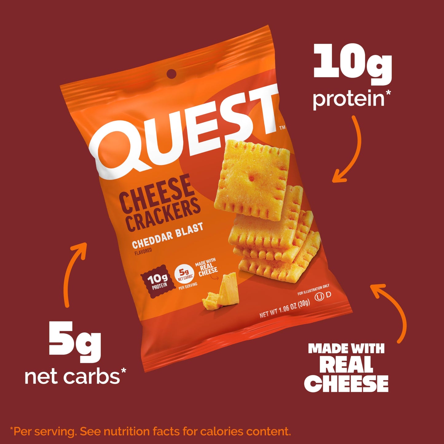 Quest Nutrition Cheese Crackers, Cheddar Blast, 10g Protein, 5g Net Carbs, 1g Sugar, Made with Real Cheese, High Protein Snack,