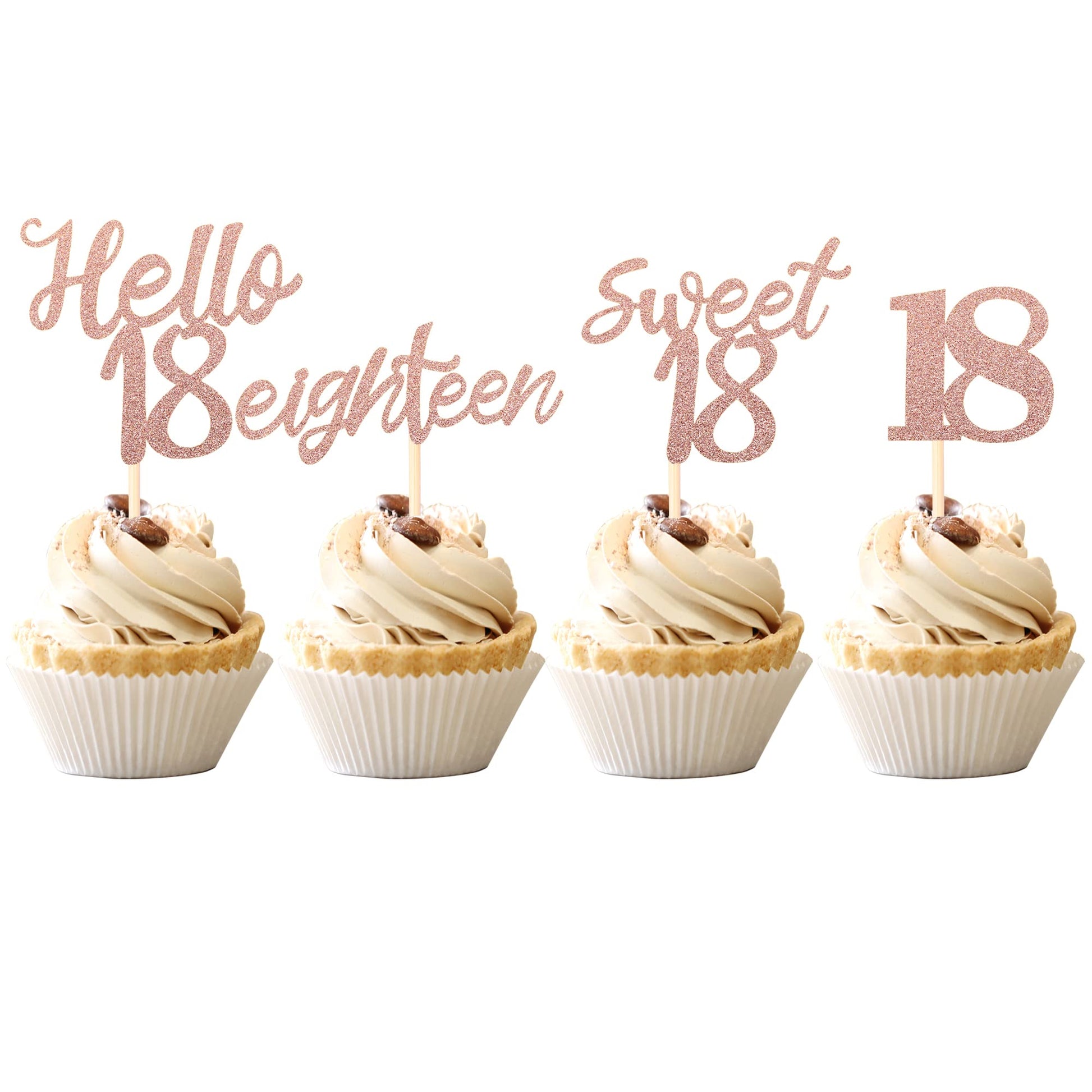 24 Pcs 18Th Birthday Cupcake Toppers Sweet 18 Hello 18 Eighteen Cupcake Picks 18Th Birthday Cake Decorations Supplies Rose Gold
