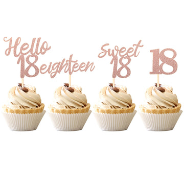 24 Pcs 18Th Birthday Cupcake Toppers Sweet 18 Hello 18 Eighteen Cupcake Picks 18Th Birthday Cake Decorations Supplies Rose Gold