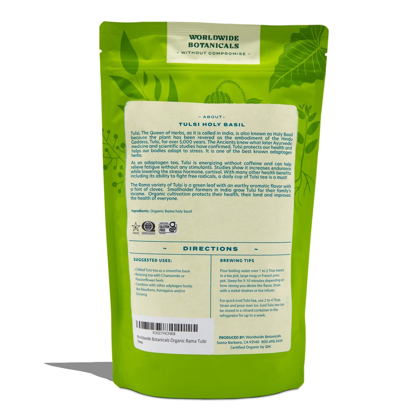 Worldwide Botanicals Organic Holy Basil Tea - Loose Leaf Herbal Tea, 8oz, Fair Trade, Kosher, 100% Pure Tulsi Rama