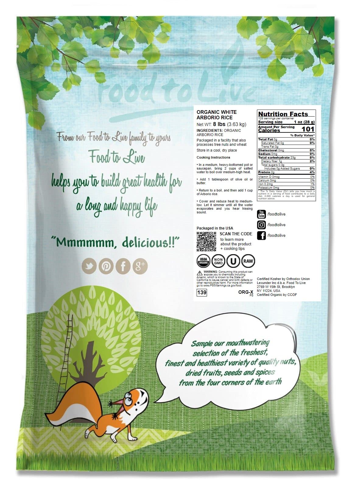 Food To Live Organic Arborio Rice, 8 Pounds Non-Gmo, Short-Grain White Rice Variety, Superfino, Vegan, Kosher, Bulk. Creamy Text