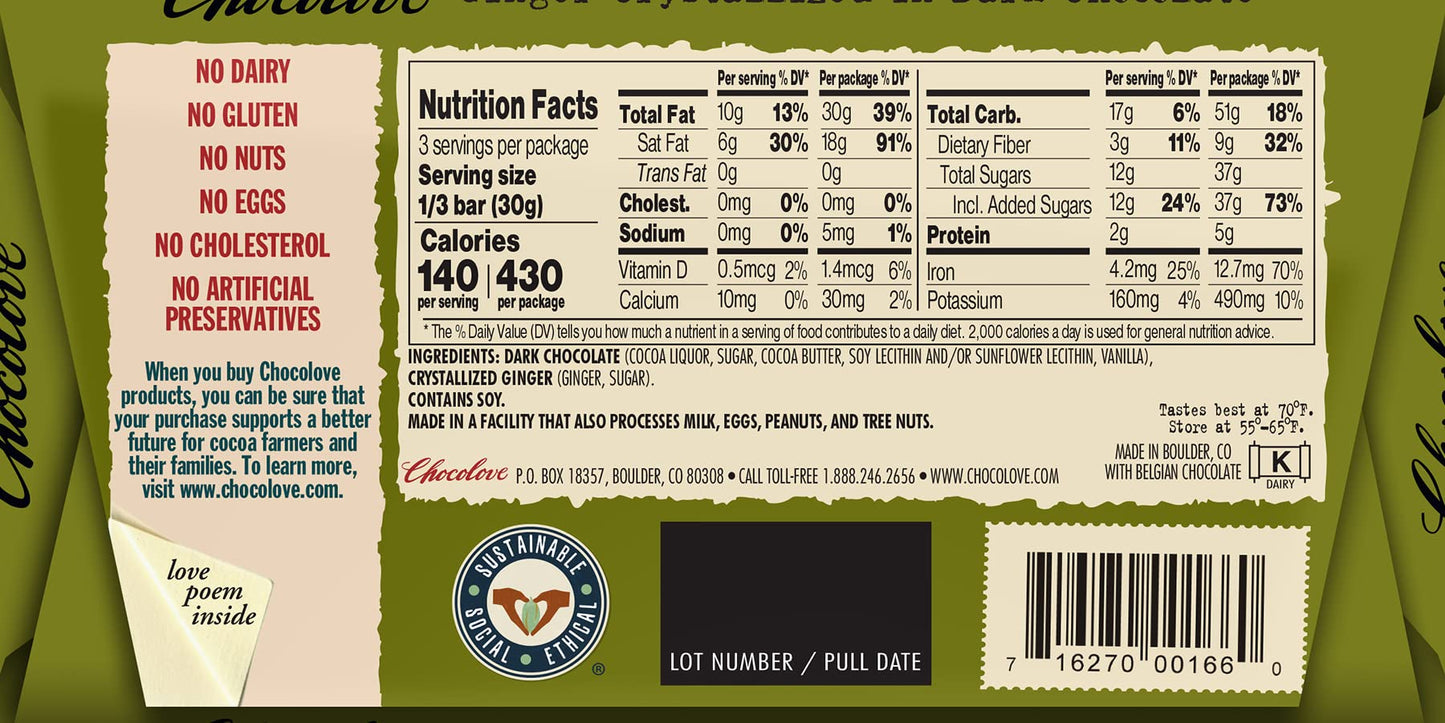 Chocolove Chocolate Bar, Ginger Crystallized In Dark Chocolate, 3.2 Ounce (Pack Of 12)